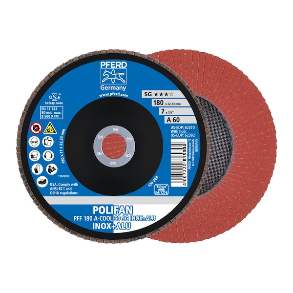 Pferd 7" x 7/8" A.H. POLIFAN Flap Disc - A-COOL SG INOX+ALU, Aluminum oxide, 60 Grit, Flat 62370 - main